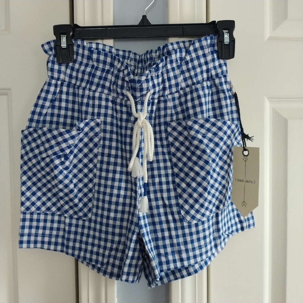 Ban.jara Linen Rayonl Blue White gingham Shorts. XS